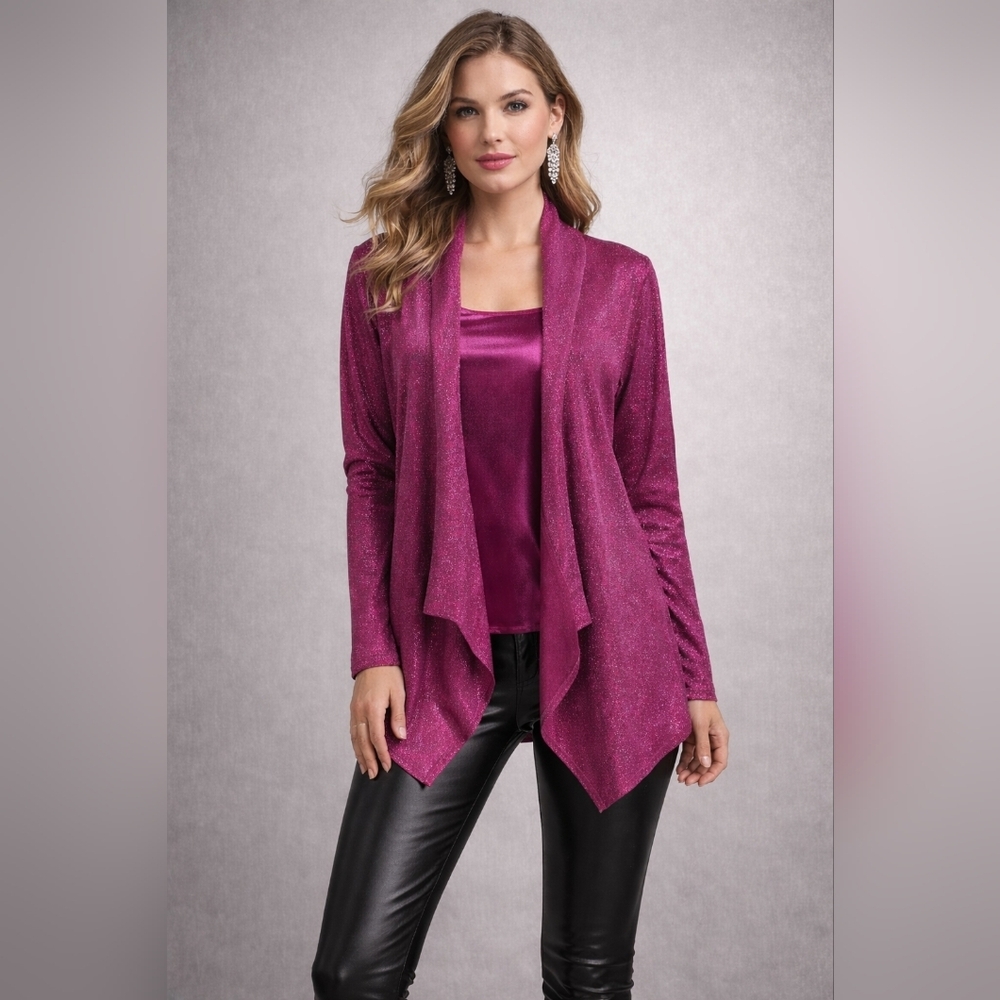Tanjay Metallic Shimmer Rasberry Waterflow Cardigan sz XL #528